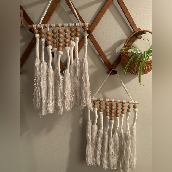 Macrame Boho Cottagecore Wood Bead Wall Hangings - Set of 2 - Picture 1 of 10